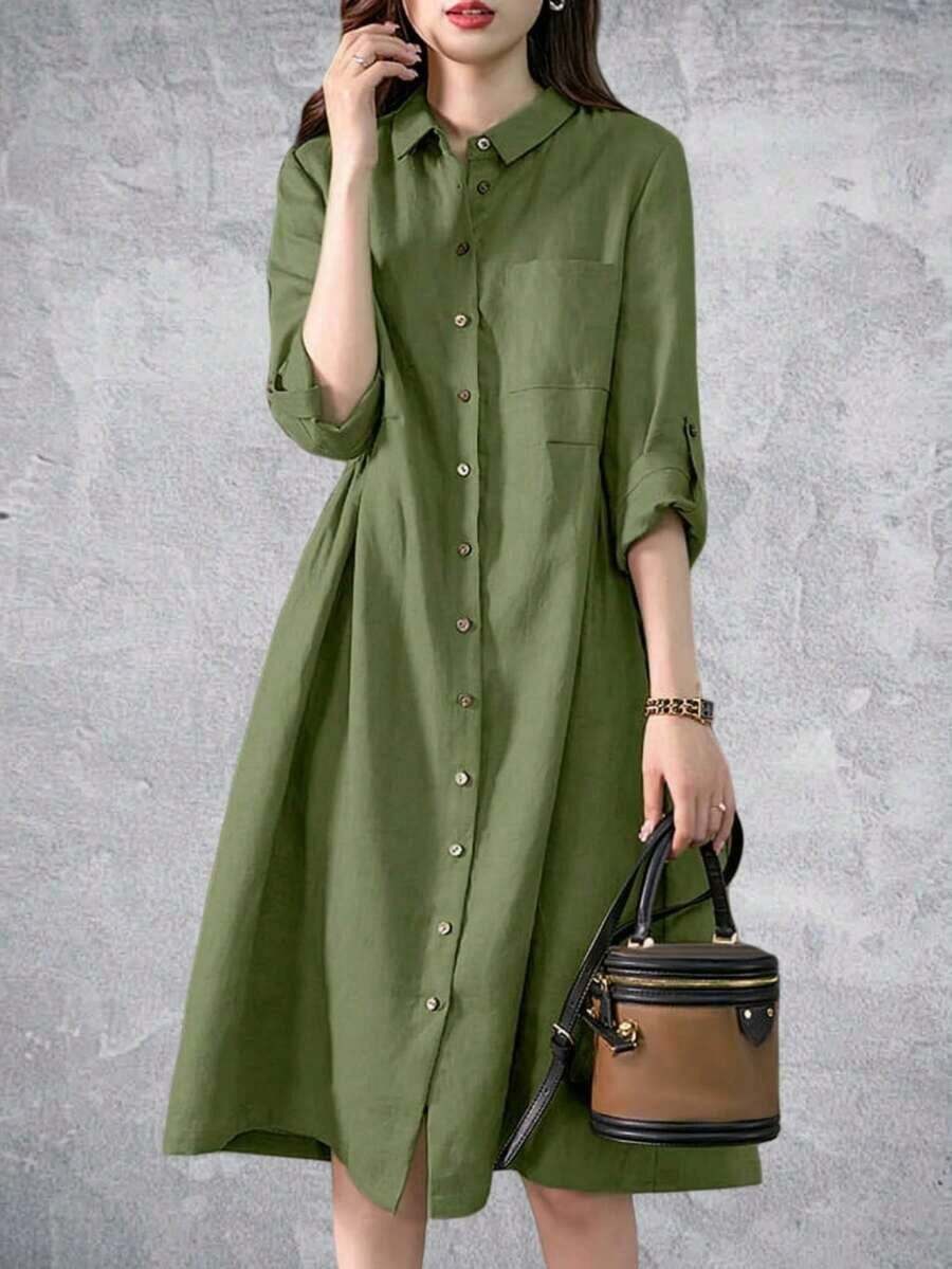Vestido camisero casual de mujer con pliegues, de manga larga, vestido largo holgado de unicolor para primavera - Verde - Ver 1