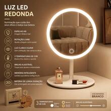 Tabletop Mirror With LED Light, Round Or Square, For Makeup, Dressing Table, Skincare, Decoration With Tray - White (round) - View 1