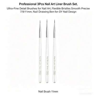 3pcs Nail Art Liner Brush Set, Ultra-Fine Tip Design, Soft Nylon Hair Brushes, Smooth & Precise Line Drawing, Sizes 7/9/11mm, Suitable For DIY And Professional Nail Art
