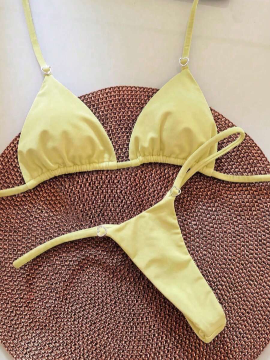 Women's Solid Color Triangle Bikini Set With Heart-Shaped Ring Decor. Features Triangle Cup Design, Spaghetti Strap, Sweet And . Vacation Beach Summer - Yellow - View 1