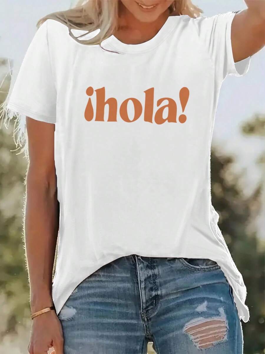 Camiseta creativa con monograma estampado, camiseta casual de manga corta con cuello redondo, camiseta de vacaciones de primavera y verano, para mujer, ropa nueva para mujer, lavable a máquina