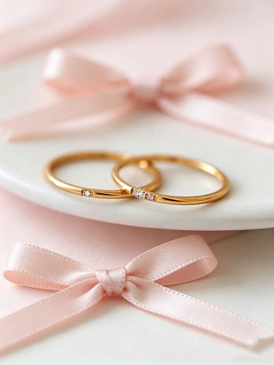 2pcs Exquisite Stainless Steel Rings With 1 Diamond And 3 Diamonds, Luxury Titanium Steel Jewelry, Suitable For Teenage Girls Daily Wear - Gold - View 1