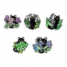 黑猫与花卉珐琅胸针 时尚装饰胸针 衣领徽章 包包胸章 珠宝礼品 - 彩色 - 查看 7