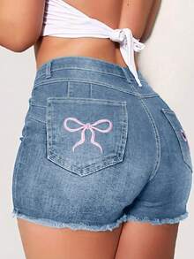 Quần short denim size lớn với gấu tua rua, độ co giãn vừa, ống đứng, khóa kéo - Rửa nhẹ - Xem 2