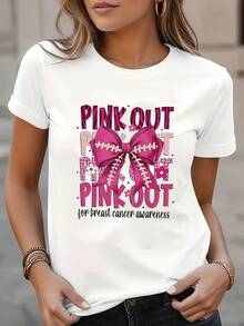 Camiseta de conciencia de cáncer de mama rosa de las mujeres - camiseta negra casual con diseño de arco rosa, manga corta, cuello redondo, lavable en máquina - ideal para primavera y verano, ropa de conciencia de cáncer de mama Diseño de cinta rosa Ajuste cómodo, cáncer de mama - Blanco - Ver 2