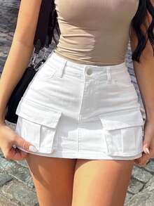 Y2K Girl's Summer Street Style Denim Cargo Mini Skirt - Essential Spring/Summer Item, Y2K Fashion Casual White - White - View 5