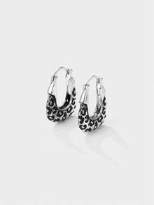 Kryxie 1 Pair Retro Chic Geometric Leopard Print Unique Elegant Personalized Hoop Earrings For Women, Suitable For Parties And Gatherings - Silver - View 1
