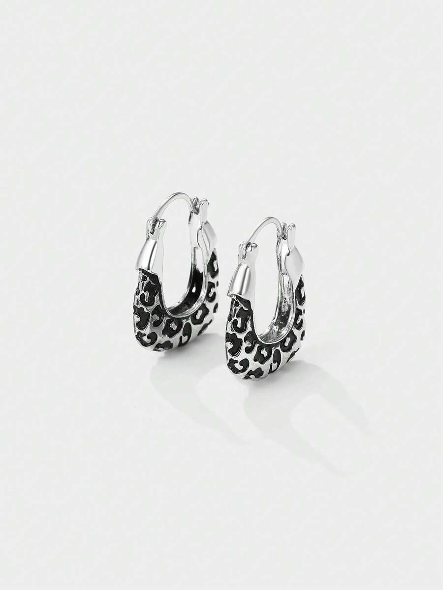 Kryxie 1 Pair Retro Chic Geometric Leopard Print Unique Elegant Personalized Hoop Earrings For Women, Suitable For Parties And Gatherings - Silver - View 1