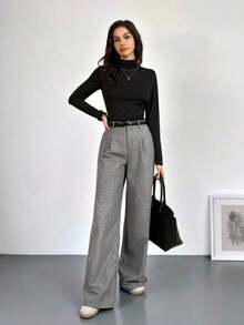 Tall Pantalones plegados elegantes con bolsillos para maestras, pantalones grises de otoño/invierno de talle alto, pantalones anchos, pantalones sueltos, pantalones holgados, pantalones grises para negocios y profesionales, pantalones anchos para mujer, ropa de mujer para otoño e invierno, ropa de salida para mujer - Gris - Ver 6
