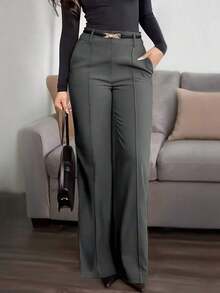 Pantalones rectos de tela de traje con bolsillo con cremallera de unicolor Jessfin, sin cintura, elegantes para la oficina, casuales y versátiles, para primavera/verano - Gris Oscuro - Ver 2