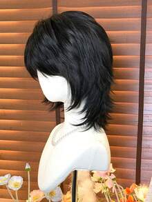 [MONEET SECRET] 12英吋自然黑色仙女風瀏海假髮，可愛趣味成人假髮，耐熱耐用，適合派對與日常配戴，優雅完美，適合女士假期、萬聖節與聖誕節日常時尚 - 黑色 - 查看 7