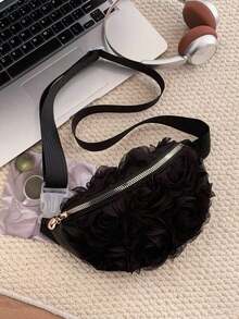 1pc Women's Solid Color 3D Rose Floral Mesh Fanny Pack, Elegant Romantic Large Capacity Chest Waist Bag, Casual Versatile Travel Outdoor Crossbody Belt Bag - 黑色 - 查看 12