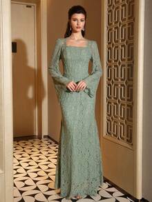 Gaun Formal Wanita Warna Polos Elegan dengan Potongan Pinggang yang Rapi, Cocok untuk Berbagai Acara, Gaun Malam Mewah - Mint Green - View 4