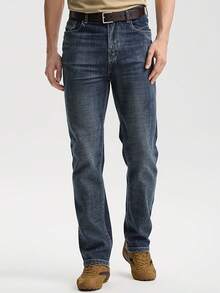 Men's Straight Slim Washed Jeans, Blue & Black Solid Full Zip Long Pants, All-Season Business Casual Daily Wear, Durable Versatile Formal Casual Denim - Black - View 3