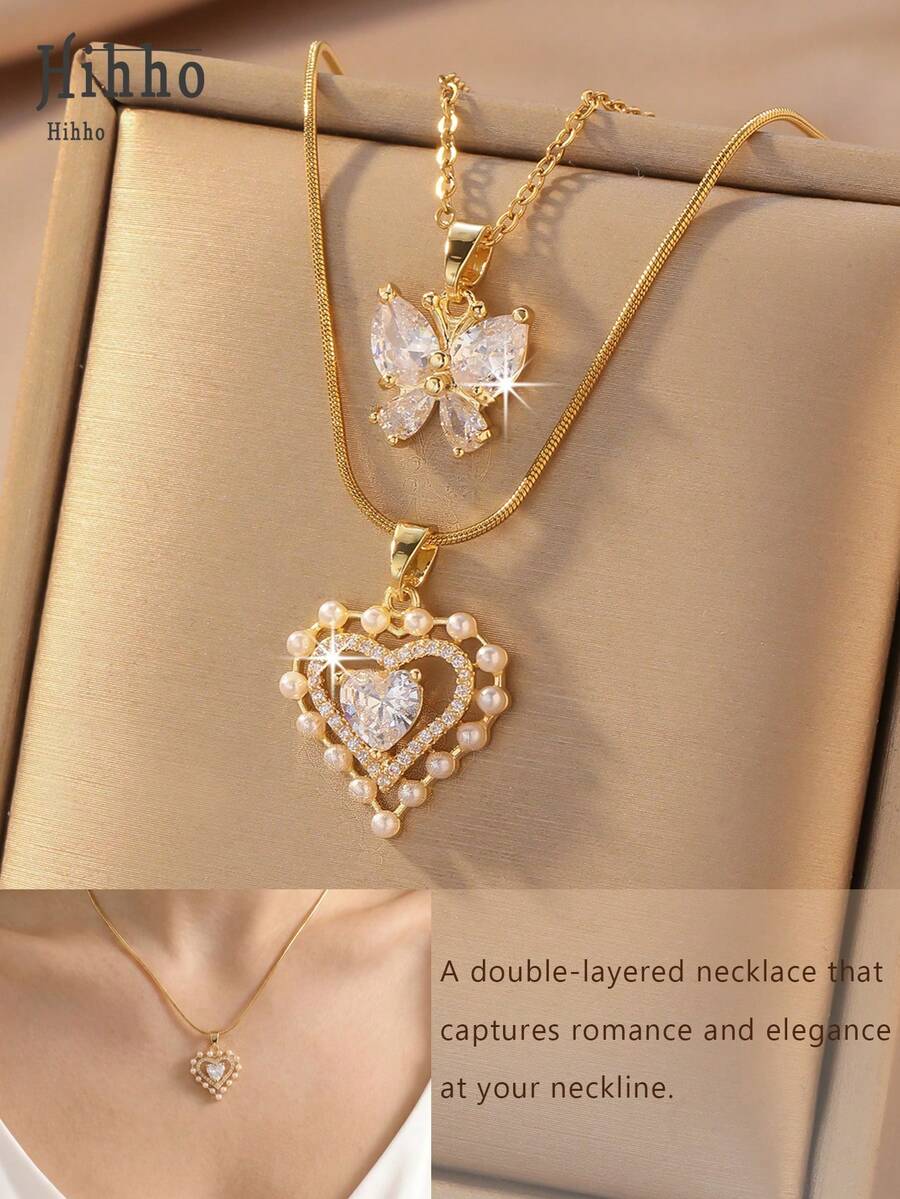 Hihho 2件套蝴蝶心形叠戴项链套装,珍珠锁骨链搭配珍珠心形吊坠,百搭实用,适合日常、约会、聚会等场合,可搭配多种服饰。 - 鎖骨鏈 - 查看 1
