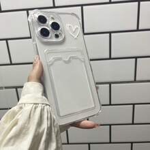 1 st. dubbellinjerat hjärtdesignat minimalistiskt korthållarfodral för telefon, lämplig för Apple 17, 16, 15, 14, 13, 12, 11, Plus, Pro Max-serien, personligt INS-stil skyddande fodral, trendigt minimalistiskt heltäckande sött telefonskal - Genomskinlig - Visa 5
