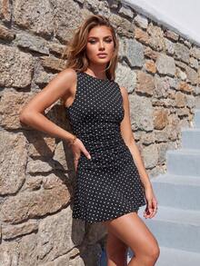 Women's Fitted Ruched Tank Mini Dress - Polka Dot Or Solid Color, Sleeveless Short Ruffled For Daily, Office  Party - Multicolor - View 2