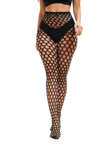 1pc Women's Sexy Mesh Hollow Out Lace High Waist Black Tight Leggings - Black - View 1