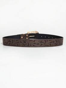 1 chiếc thắt lưng nữ kiểu miền Tây cổ điển, khóa kim loại, màu xanh ngọc, cà phê, họa tiết hoa, chất liệu da PU. - Màu cà phê ngọc lam - Xem 4