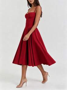 2026 Spring New Women's Clothing: Cross-Border European And American Dress, Elegant French Retro Waist-Cinching Strap Dress - 紅色 - 查看 7