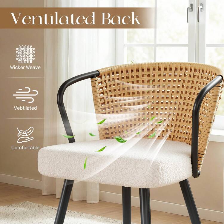 Nalupatio Rattan Dining Chairs Set Of 2, Upholstered Kitchen Chair With Metal Legs, Ergonomic Curved Backrest, Mid Century Modern Living Room Lounge With & Throw Pillow,Brwon - 棕色 - 查看 5