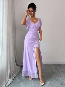 Vestido morado claro con cuello en V, mangas con volantes, cintura plisada y abertura, vestido elegante de dama de honor, vestido de fiesta, primavera/verano - Morado - Ver 6