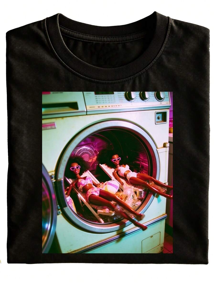 Fun Washing Machine Doll Print Unisex T-Shirt, Black Pattern Design, Casual Wear Gift Choice, Pure Fashion Versatile, Holiday Style, Couple T-Shirt, Anime-Themed Short Retro Clothing, Vintage Style Couple T-Shirt, Creative Gift T-Shirt, Creative Gift, Women's T-Shirt, Fitness Top, Plus Size - 黑色 - 查看 1