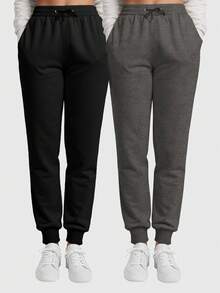 Set Of 2 Women's Sweatpants With Pockets And Adjustable Waistband - 黑色/鉛色 - 查看 1