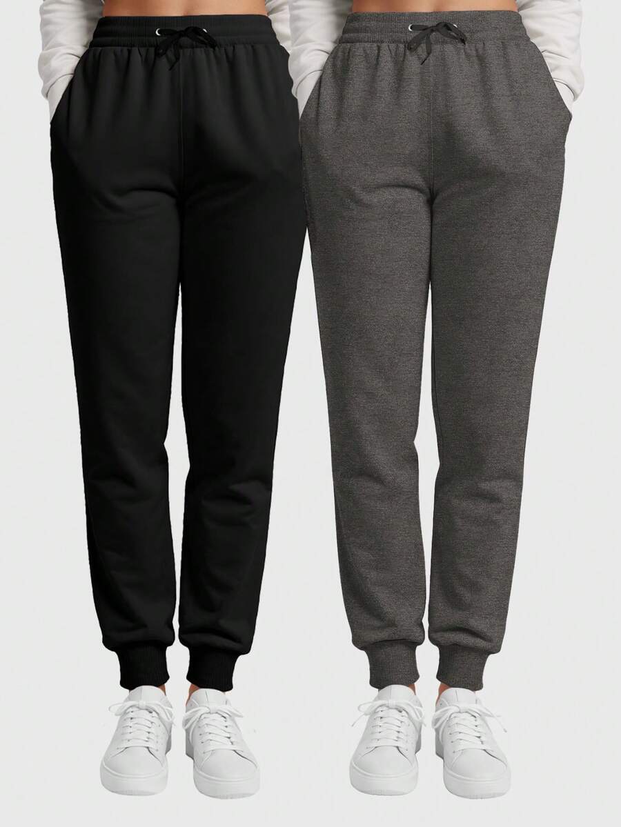 Set Of 2 Women's Sweatpants With Pockets And Adjustable Waistband - 黑色/鉛色 - 查看 1