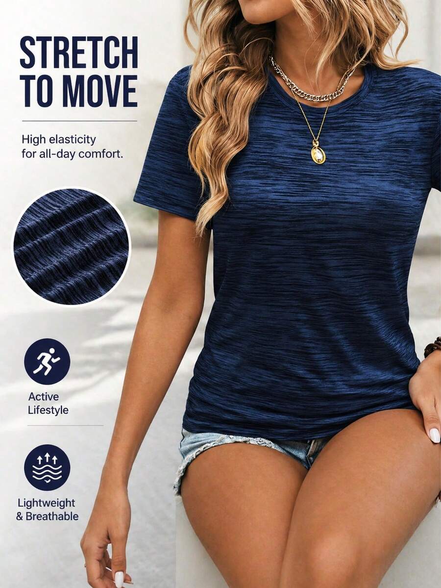 1pc Women's Quick-Dry T-Shirt, Ice Silk Round Neck Short Sleeve, Stretch Sweat-Absorbing Quick-Drying Tee, Suitable For Women's Fitness Training Summer Sports - Navy Blue - View 1