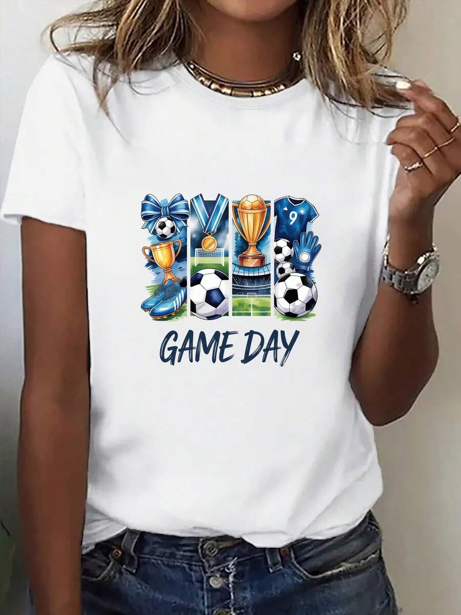 Women's One-Piece Crew Neck T-Shirt With Print, USA-Mexico Clothing Series, Women's Urban Style Crew Neck T-Shirt, "GAME DAY" Trophy Print, Eye-Catching Loose-Fit Streetwear Top. Soccer Fan Apparel, Cheerleading Apparel. New - 白色 - 查看 1