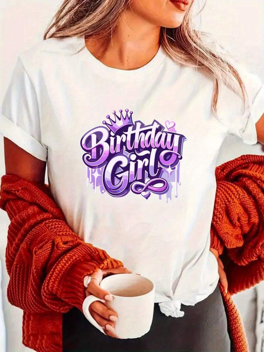 Women's 1pc Birthday Graphic Print T-Shirt - High Stretch Crew Neck With Crown And Hearts Design, Machine Washable All Season Comfort Suitable For Parties And Casual Wear, Birthday Outfits For Women, Party Wear, Fun Style, Breathable Fabric, Printed Tee, Women - 白色 - 查看 1