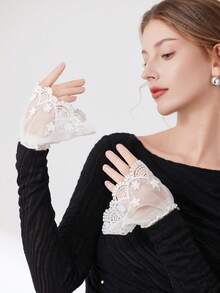 1 par de puños con efecto de perla falsa y malla blanca para mujer, de moda y delicado, adecuado para decoración, salidas, viajes, festivales, guantes, fiestas - Blanco-115 - Ver 17