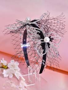 1pc Handmade Beaded Black Mesh Headband, Elegant Luxury Bridal Hair Accessory, Fashion Wedding Party Photography Decoration,Festival,Birthday - Black - View 7