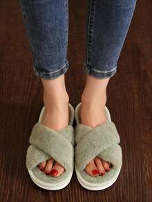 Bestselling Women's Crossover Open Toe Slippers, Comfortable Flat Fluffy Fashion Minimalist Slip-On Furry Cotton House Shoes, Spring/Autumn - Mint Green - View 1