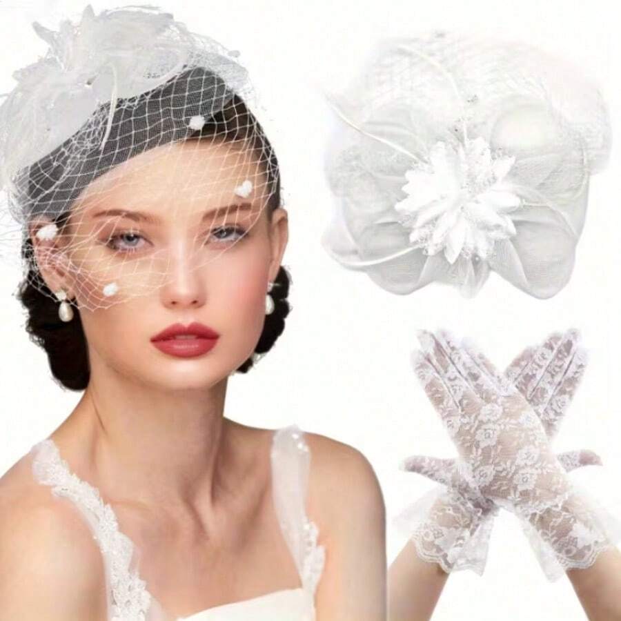 2-Piece Elegant Vintage Style Hat And Gloves Set, With Mesh Veil Accessory, French Elegant Romantic Solid Color Mesh Veil Hat And Lace Gloves Set