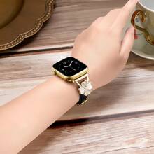 皮革錶帶，適用於 Apple 38mm/40mm/41mm/42mm/44mm/45mm/46mm/49mm - 極薄精緻、防汗舒適 - 極簡優雅時尚 - 鑽石設計 - 相容於 Apple Series 10/9 Ultra/SE/8/7/6/5/4/3/2/1 - 替換錶帶配件 - 黑+金扣 - 查看 6