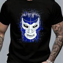 Black And White T-Shirts For Men, With A Blue And White Wrestling Mask Print, Suitable For Casual Wear And Sports Activities - 黑色 - 查看 1