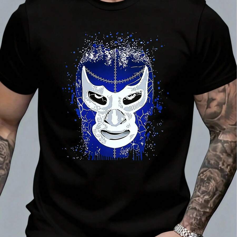 Black And White T-Shirts For Men, With A Blue And White Wrestling Mask Print, Suitable For Casual Wear And Sports Activities - 黑色 - 查看 1