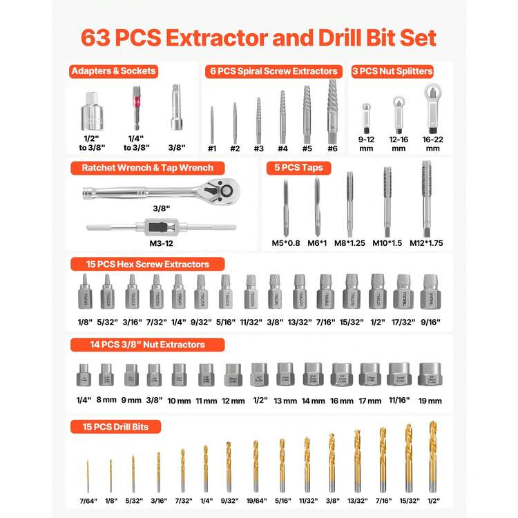 Screw Extractor Set, 63 Pieces, With Nut And Bolt Extractors, Nut Splitters, Taps, Drill Bits, Wrenches, Adapters, And Solid Storage Case, For Removing Rounded, Broken, Or Stripped Fasteners - Screw Extractor Set, 63 Pieces - View 2