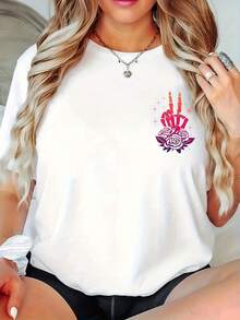 Mujeres de manga corta patrón de cuello redondo impresión camiseta-máquina-lavable primavera y verano casual top con brillante AMOR "diseño de las mujeres camiseta tienda de la comunidad local en stock rápido pelo suave algodón comodidad disfrutar de descuento especial adecuado para Pascua, Halloween, Acción de Gracias, etc. - Blanco - Ver 2