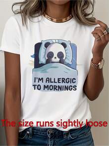 Panda divertido de las mujeres y soy alérgico a las mañanas eslogan camiseta | Cute dibujo-como la blusa de manga corta, relajado ajuste cuello de la tripulación top casual para dormir, regalos y uso diario - primavera verano otoño - Blanco - Ver 2