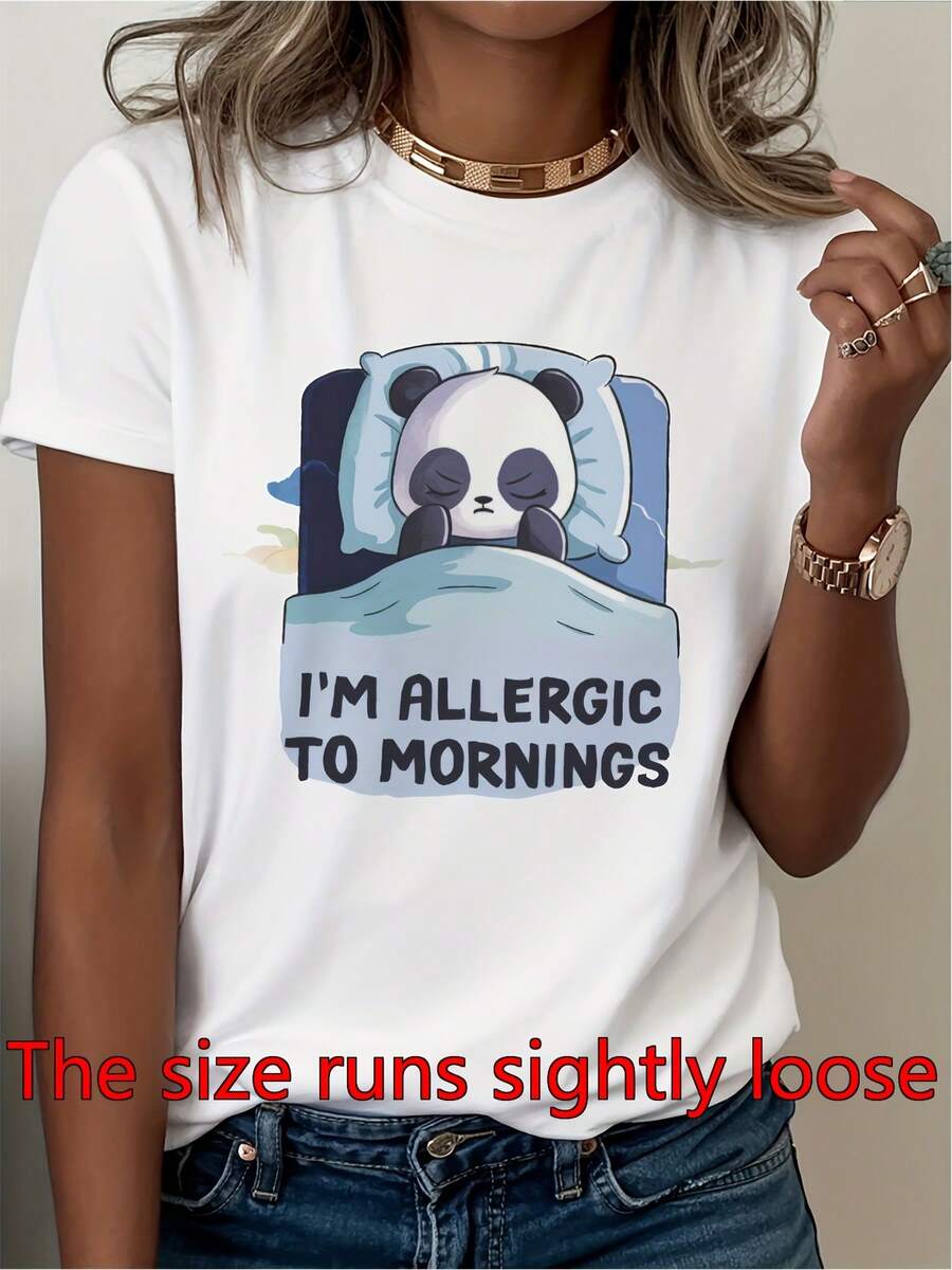 Panda divertido de las mujeres y soy alérgico a las mañanas eslogan camiseta | Cute dibujo-como la blusa de manga corta, relajado ajuste cuello de la tripulación top casual para dormir, regalos y uso diario - primavera verano otoño