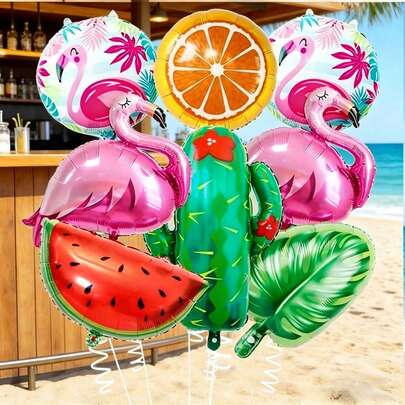 Set de 8 piezas de decoración con globos de aluminio con diseños tropicales de verano, incluye globos de aluminio con forma de flamenco, naranja, sandía, cactus y hoja de monstera, adecuado para fiestas de cumpleaños, fiestas temáticas, fiestas en la playa, picnics de verano, bodas, aniversarios, despedidas de soltera, inauguraciones de casa, celebraciones festivas, eventos corporativos y aperturas