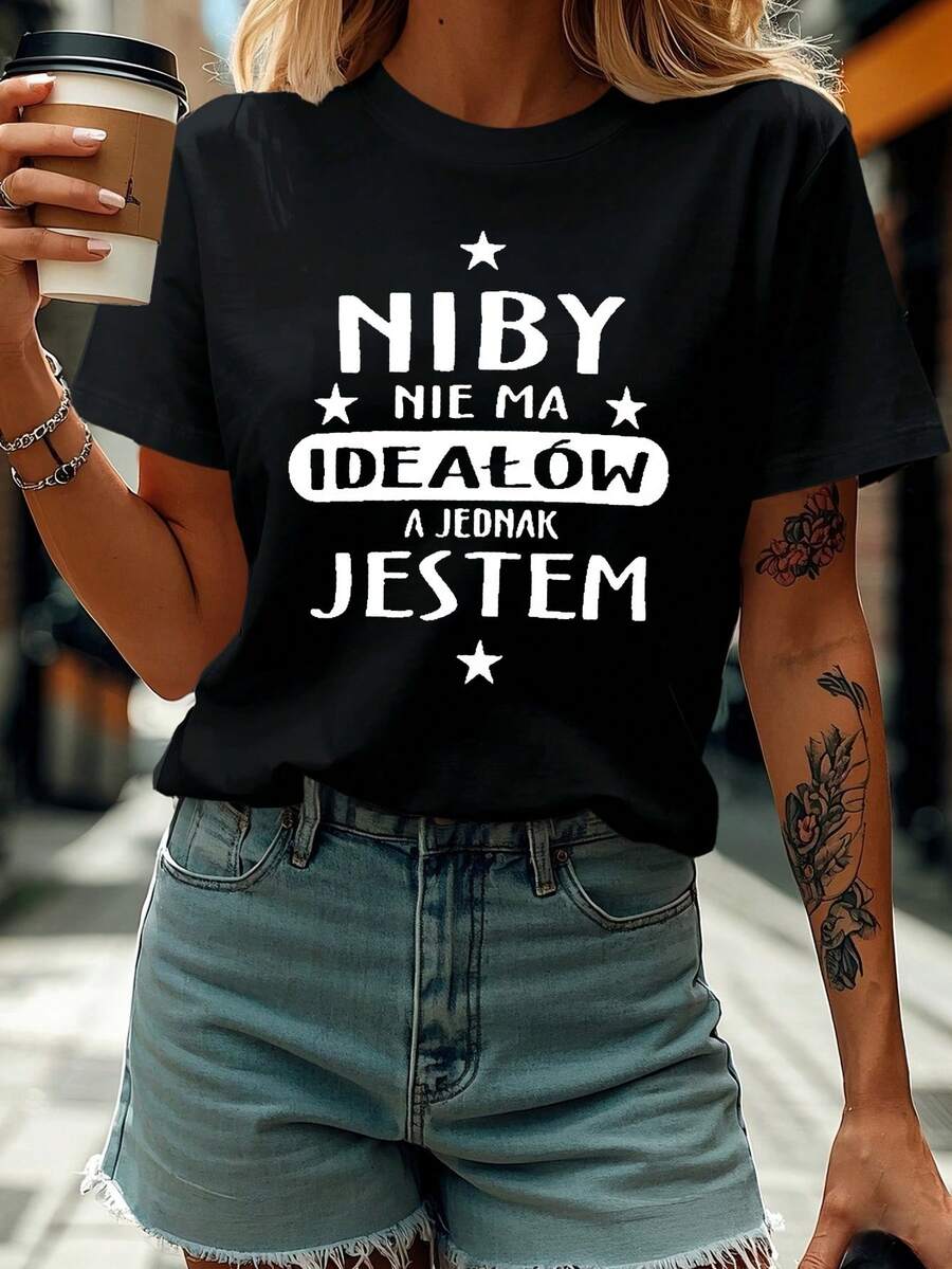 Niby Nie Ma Idealow Una Jednak Jestem Letter Print T-Shirt, Short Sleeve Crew Neck Casual Top For Summer And Spring, Women's Clothing - 黑色 - 查看 1