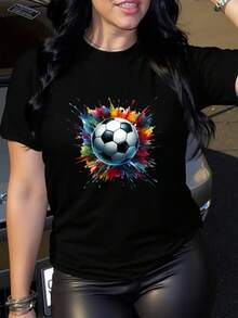 Women's Casual Cartoon T-Shirt 180g Color Football Design Round Neck All Seasons Machine-Washed Mom Gift Comfortable Material Modern Style Ideal For Everyday Wear Easter, Halloween, Thanksgiving, Etc. - 黑色 - 查看 1