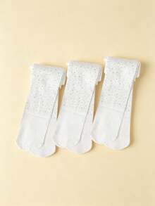 3 Pairs Girls' Sweet Rhinestone Design Thin Pantyhose For Spring/Summer, Girls' Breathable Snug Leggings Suitable For Outdoor Activities - White - View 3