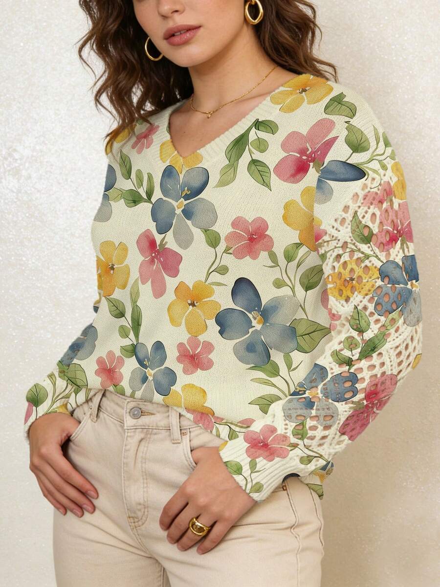 ASHKATIA 大码女式针织上衣，夏季穿着，碎花印花，适合母亲节、海滩度假等场合，V领镂空袖 - 彩色 - 查看 1