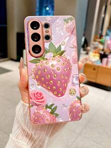 浪漫玫瑰草莓水钻图案粉色玻璃手机壳，适用于三星 Galaxy S26 Ultra/S26 Edge/S25 Ultra/S24 Ultra/S22 Ultra/S23 Ultra/S21 Ultra/S20 Ultra/S10/S9/S8 Plus/Note20 Ultra，适合周年纪念、节日、送给朋友、家人、爱人的礼物，防刮花，高清玻璃材质，时尚优雅的保护壳 - 粉色 - 查看 2