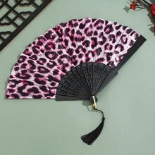 1把复古豹纹手扇，7英寸新款黑色手柄经典舞扇，丝绸面料，炫彩豹纹折叠扇，女士夏季手持折叠扇，适合日常使用/派对/度假/优雅舞蹈，配有流苏吊坠，女士礼物，轻便便携手持扇 - 彩色 - 查看 12